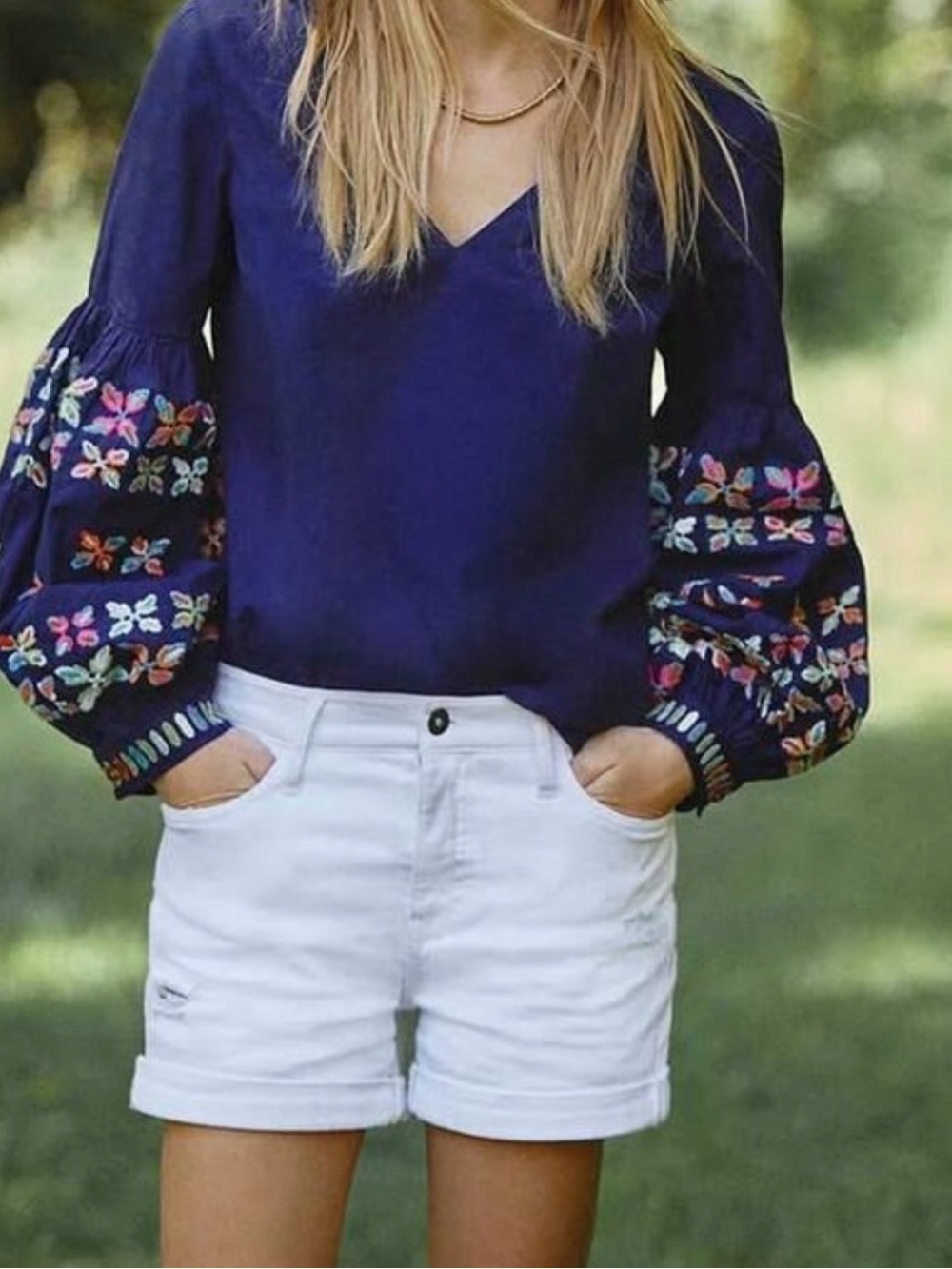 Maeve Navy V-Neck Embroidered Sleeve Top size 8